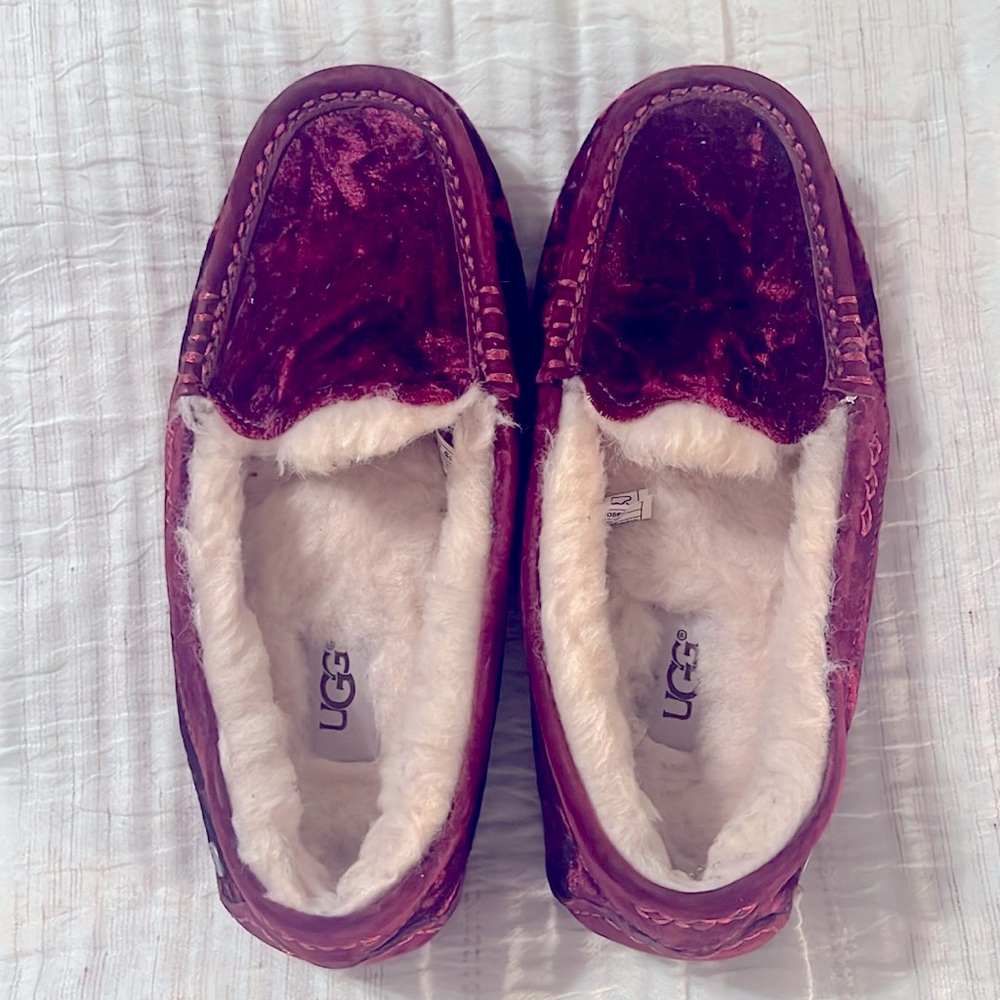New UGG slippers- only worn once around the house.  They are burgundy velvet.